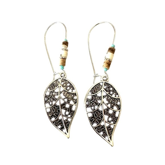 Bohemian Leaf Shaped Silver Tone Hoop Earrings - Picture 3 of 5